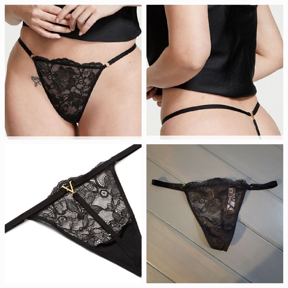 Victoria's Secret Black VERY SEXY V-Hardware V-String Panty sz small